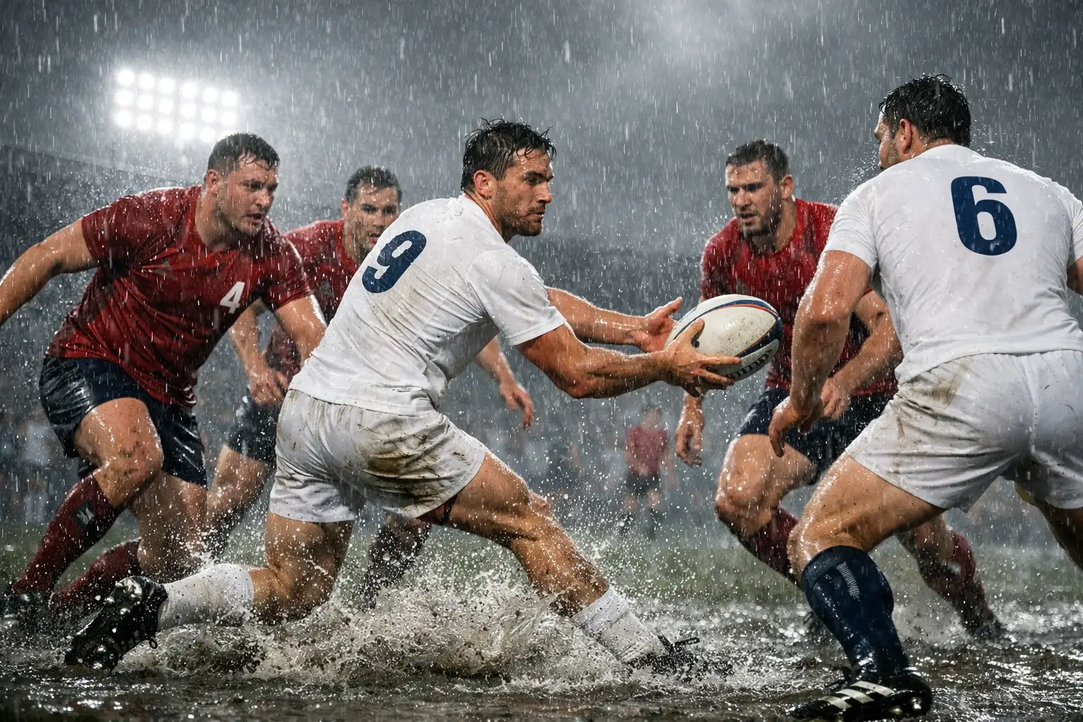 Match de rugby sous conditions météo difficiles