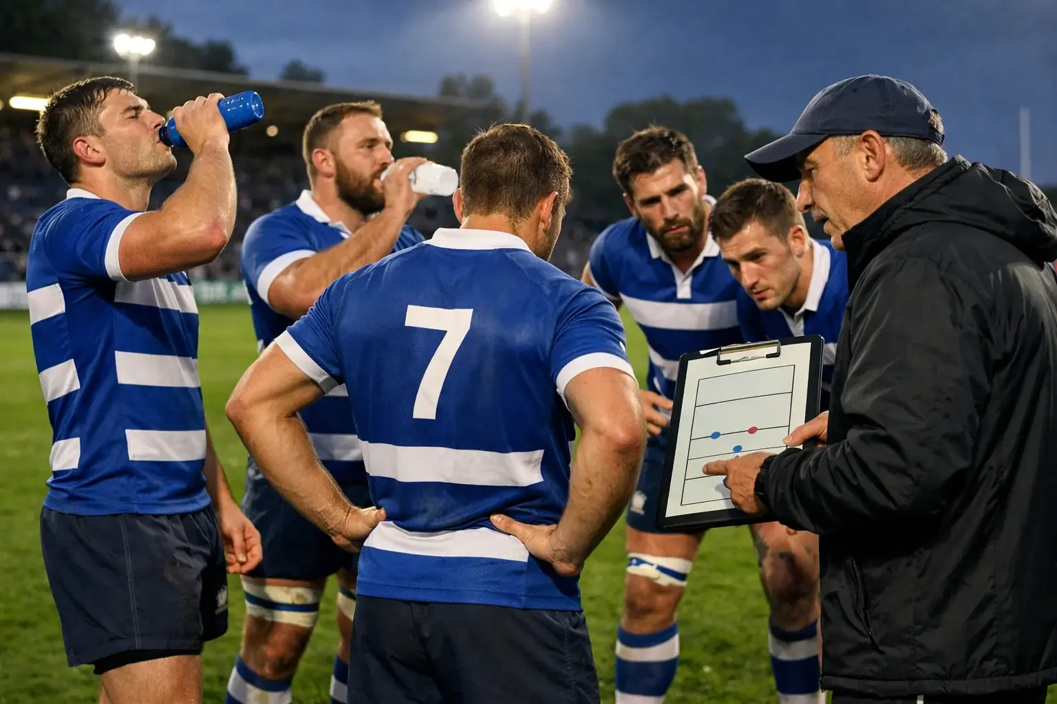 Joueurs de rugby pendant la mi-temps sur le terrain