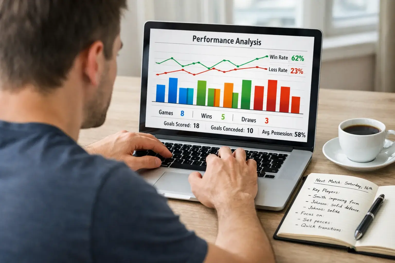 Personne analysant des statistiques de rugby sur un ordinateur portable