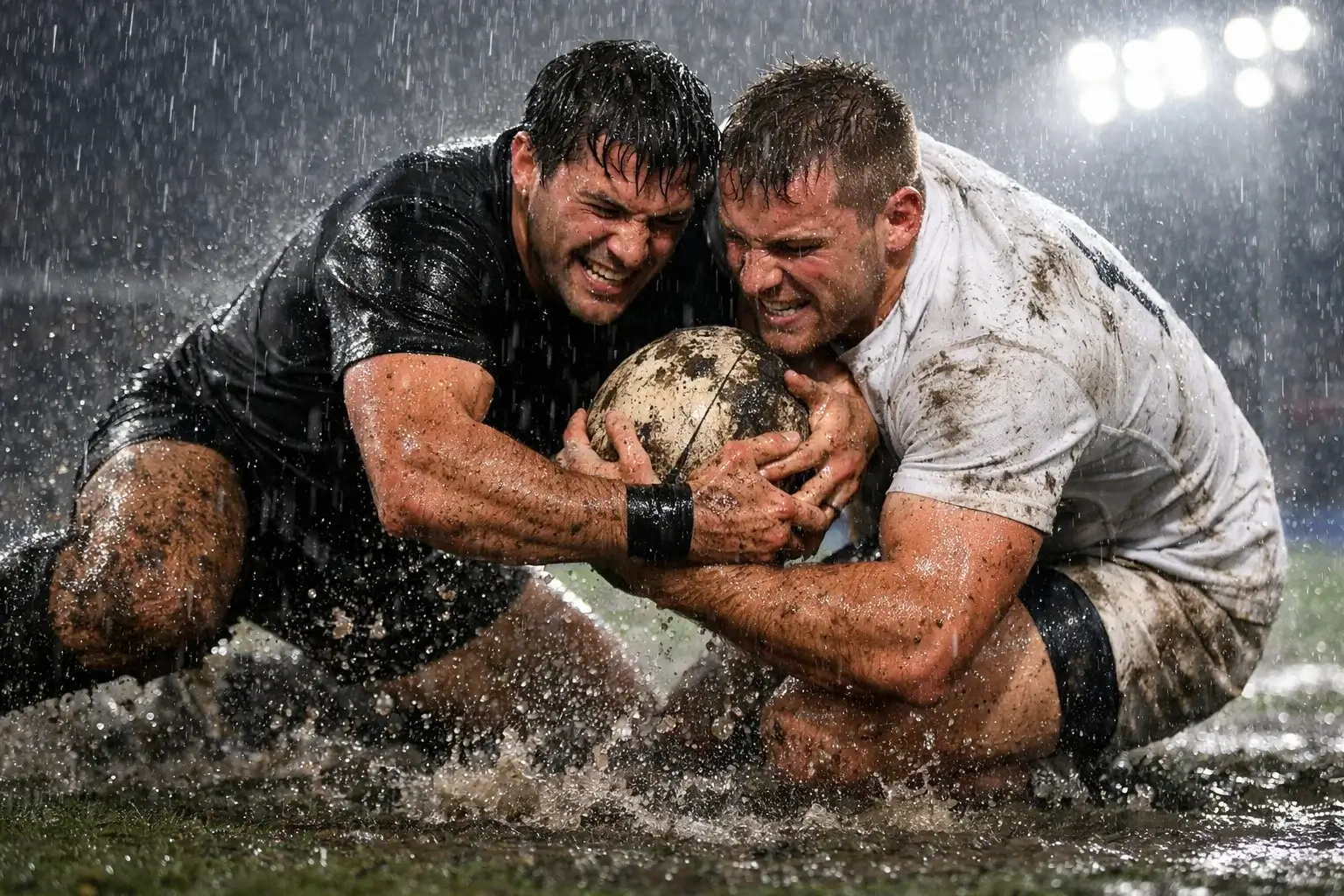 Match de rugby disputé sous la pluie avec joueurs luttant pour le ballon