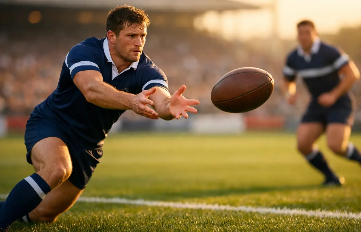 Match de rugby à XV avec joueurs en action sur le terrain vert