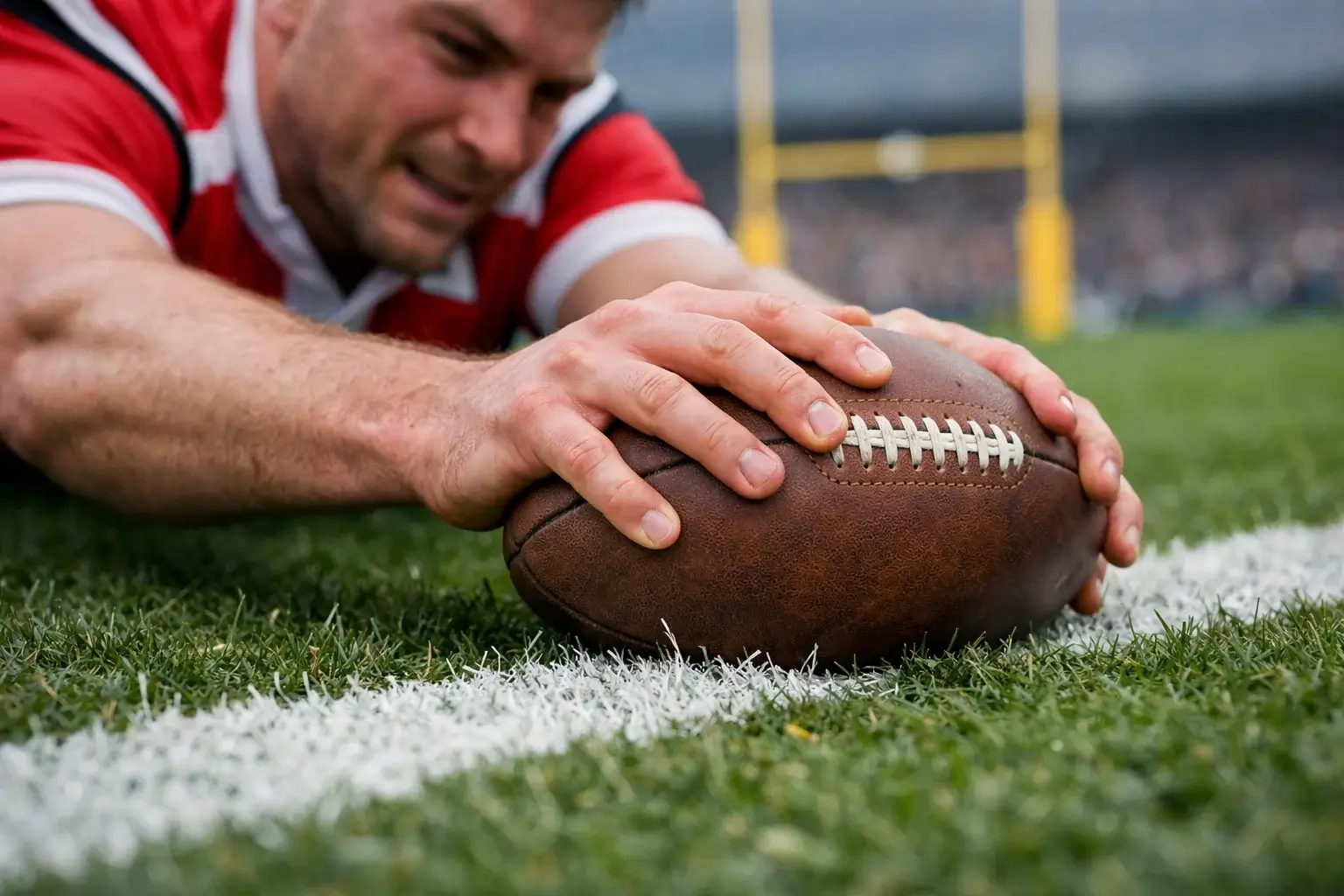Joueur de rugby marquant un essai en plongeant dans l'en-but
