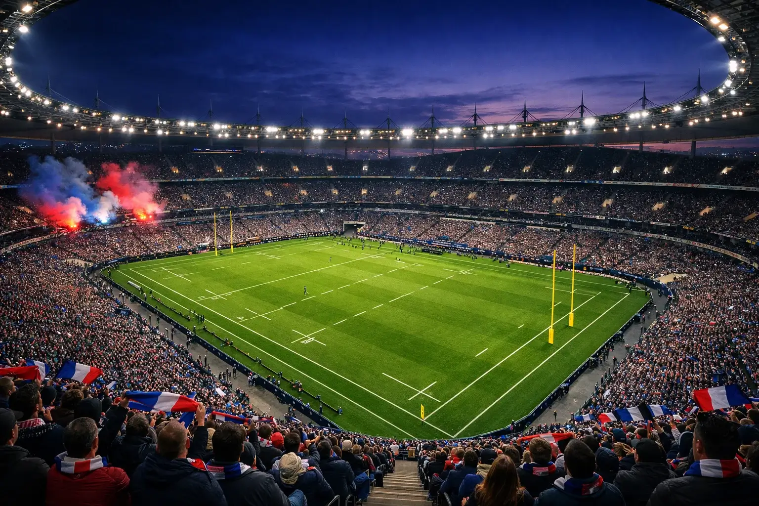 Vue panoramique d'un stade de rugby français rempli de supporters lors d'un match du Top 14